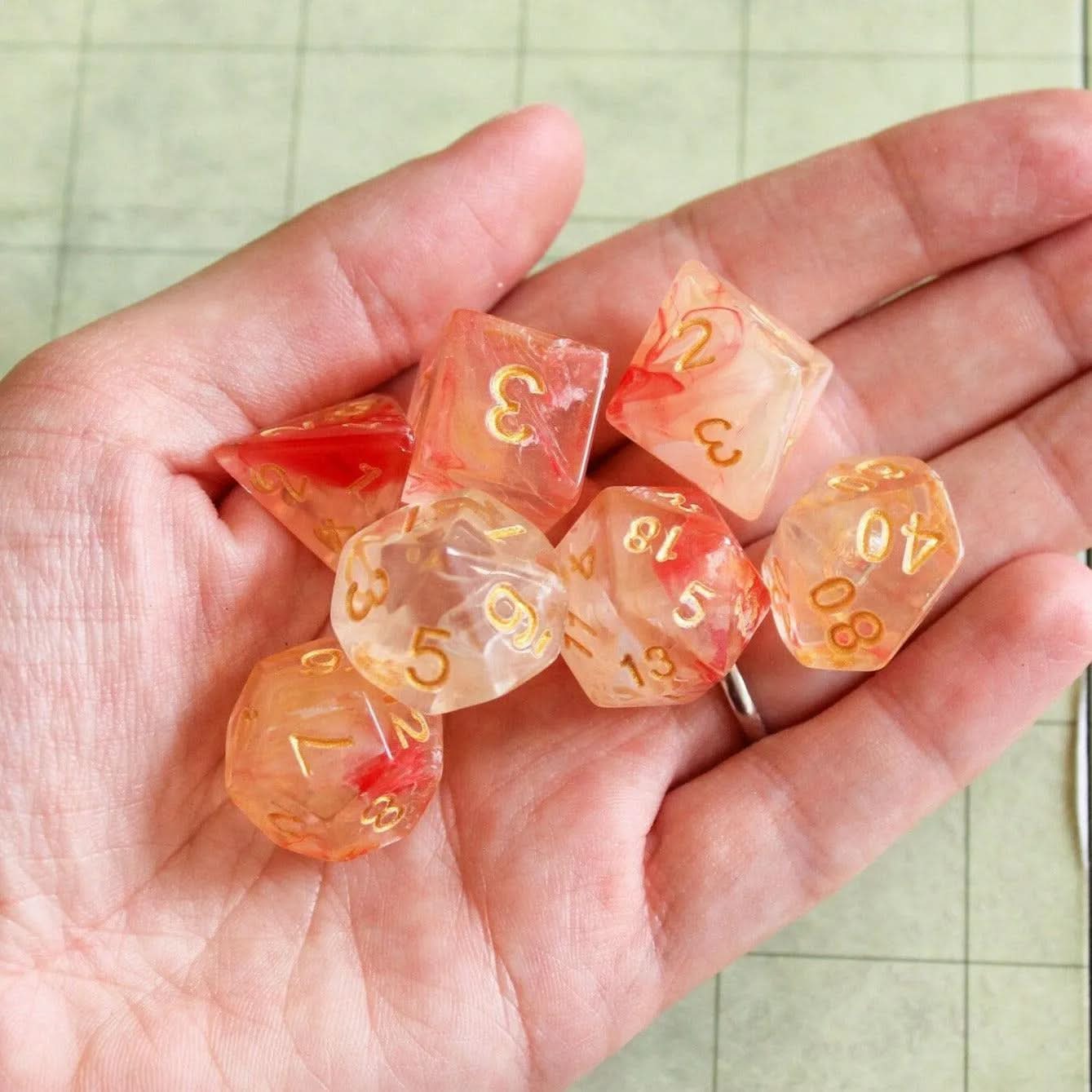 Peach Swirl Dice Set | Red and Pink Dice for TTRPG  |    Dice Gold Writing (7) | Polyhedral White Dice