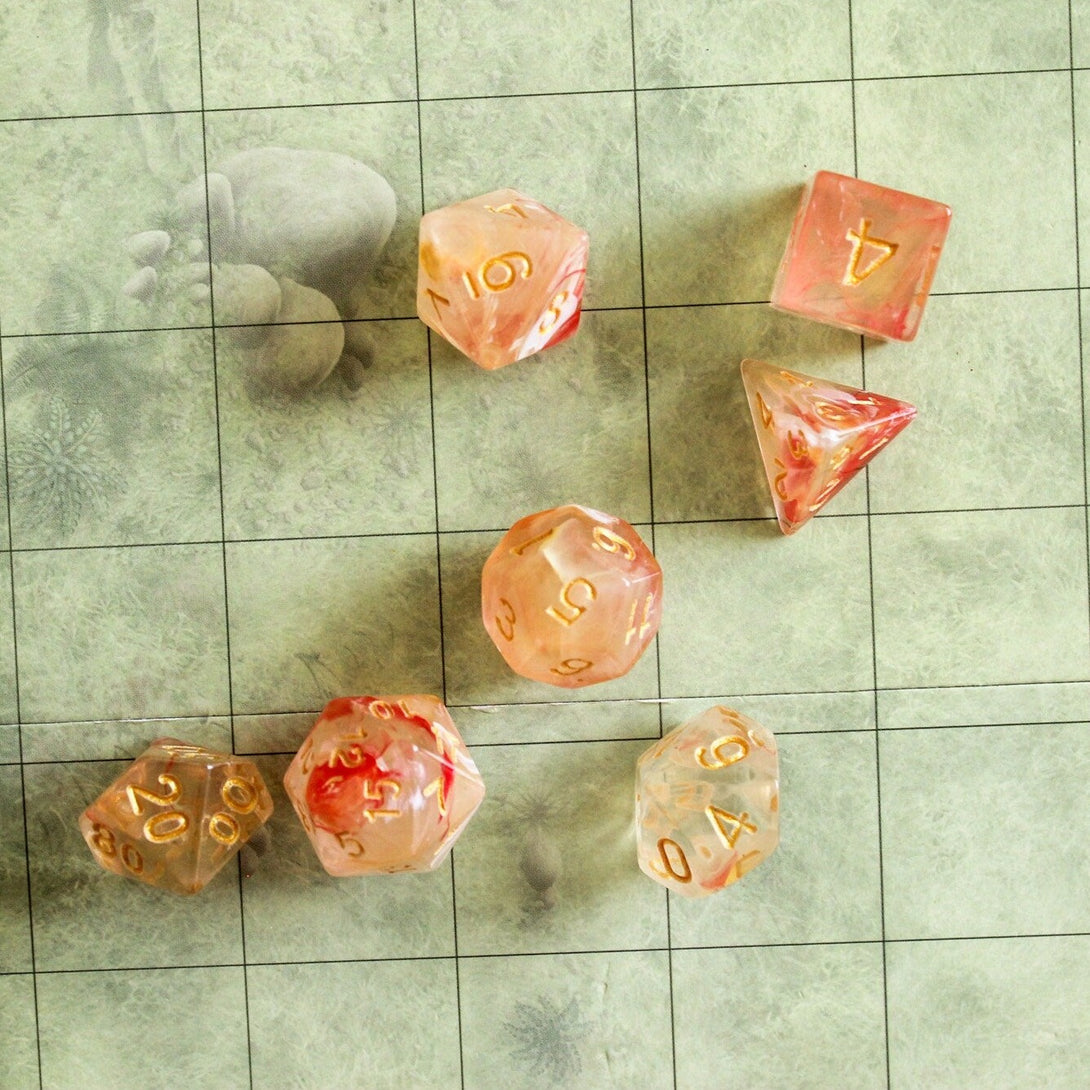 Peach Swirl Dice Set | Red and Pink Dice for DnD | Dungeons and Dragons Dice Gold Writing (7) | Polyhedral White Dice
