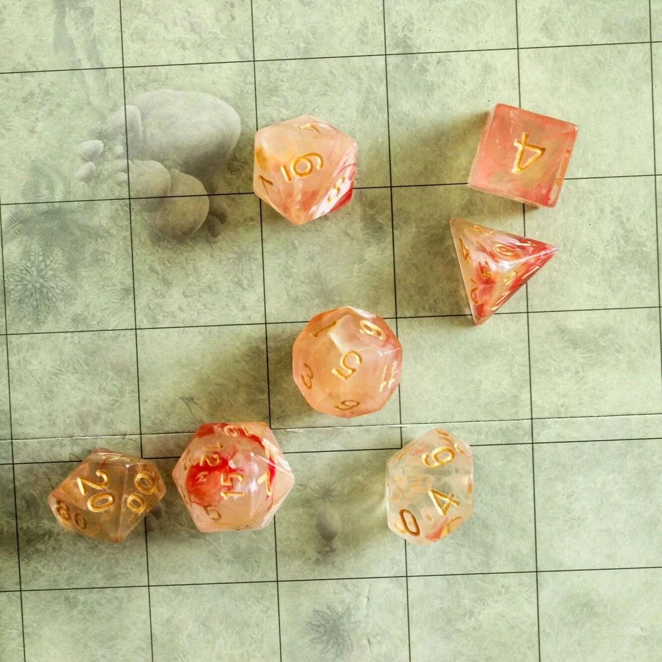 Peach Swirl Dice Set | Red and Pink Dice for TTRPG  |    Dice Gold Writing (7) | Polyhedral White Dice