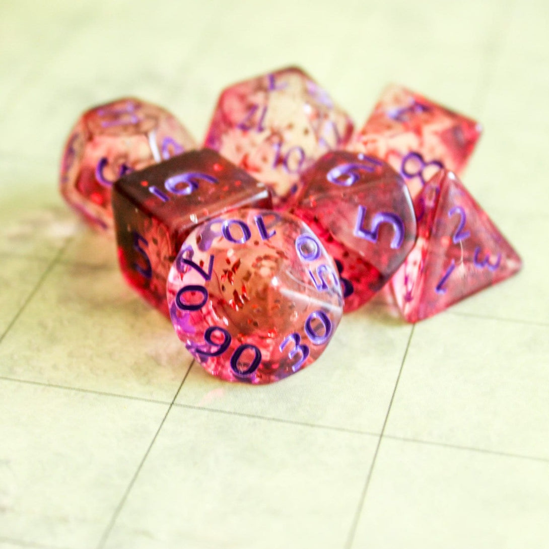 Dark Red DnD Dice Set See Through Transparent Glitter Pieces Blue Writing Deep Red | Dungeons and Dragons Blue Dice (7) | Polyhedral Dice