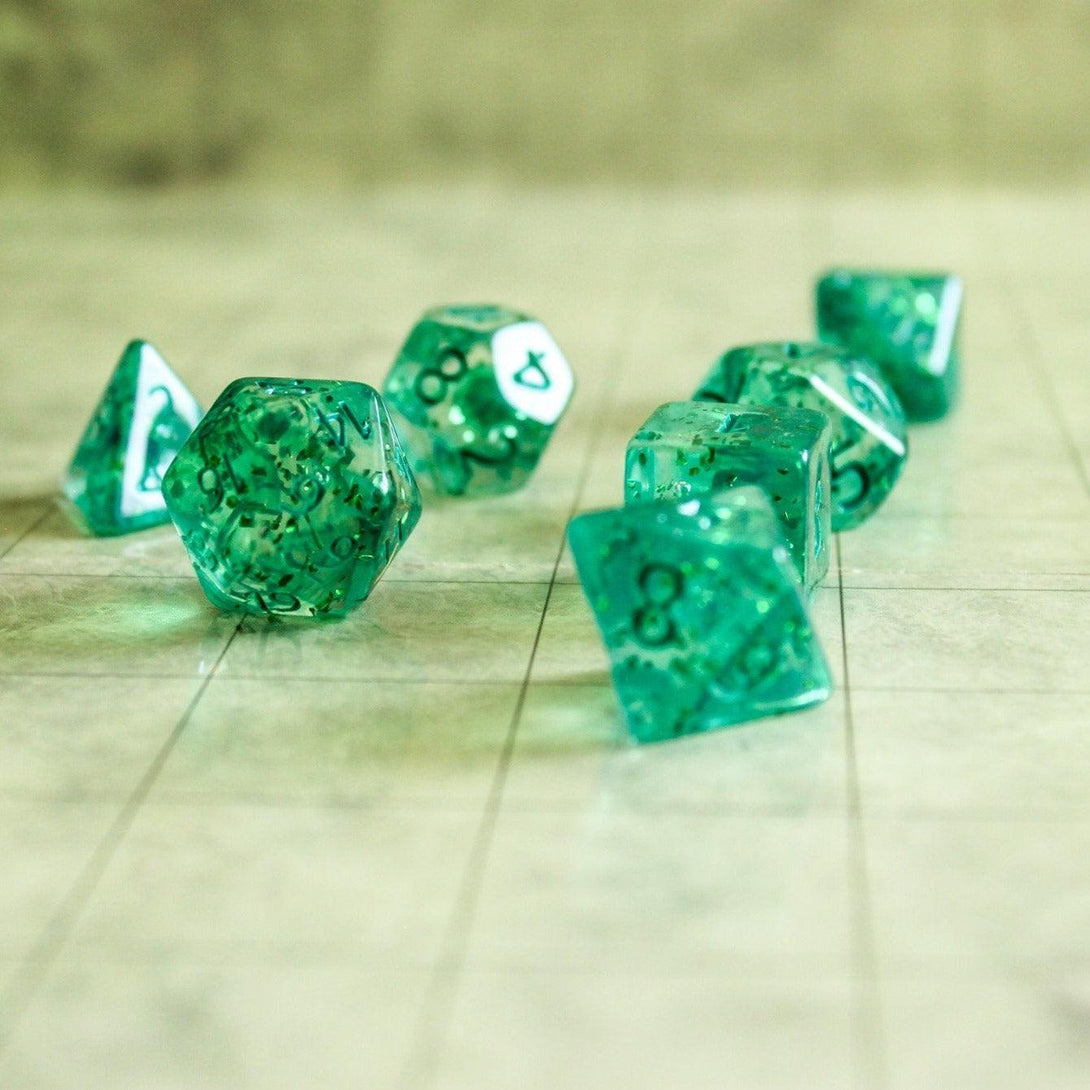 Green Glitter Dice Set | Transparent Dice for DnD | Dungeons and Dragons See Through Dice (7) | Polyhedral Green Dice