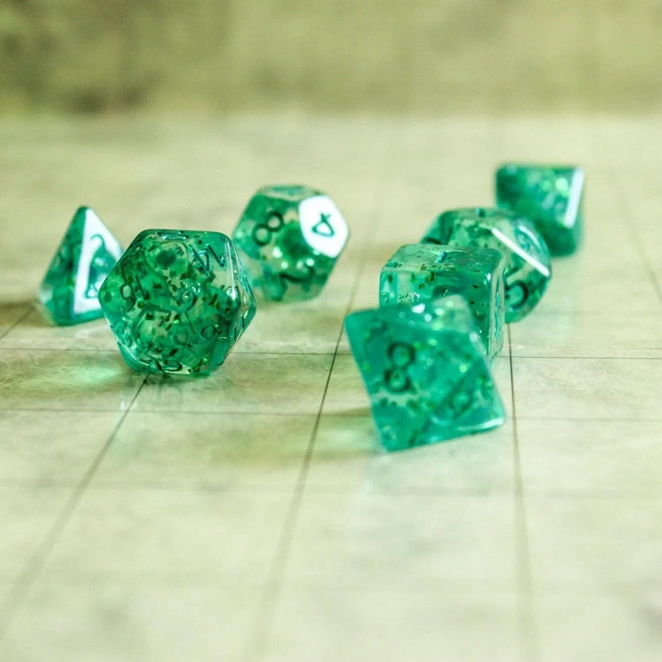 Green Glitter Dice Set | Transparent Dice for TTRPG  |    See Through Dice (7) | Polyhedral Green Dice