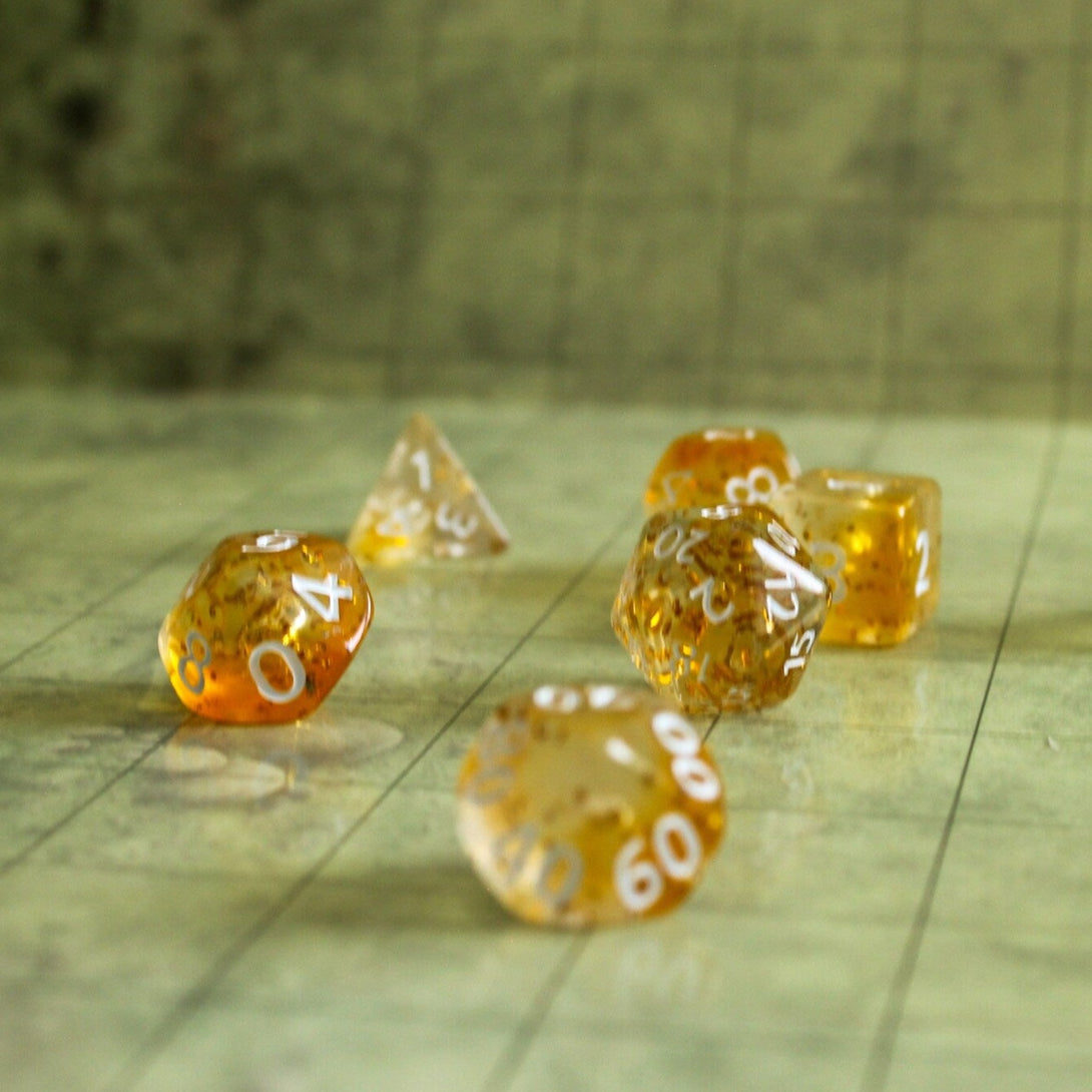 Yellow Glitter DnD Dice Set | Dungeons and Dragons Yellow Glitter See Through Transparent Dice (7) | Polyhedral Dice