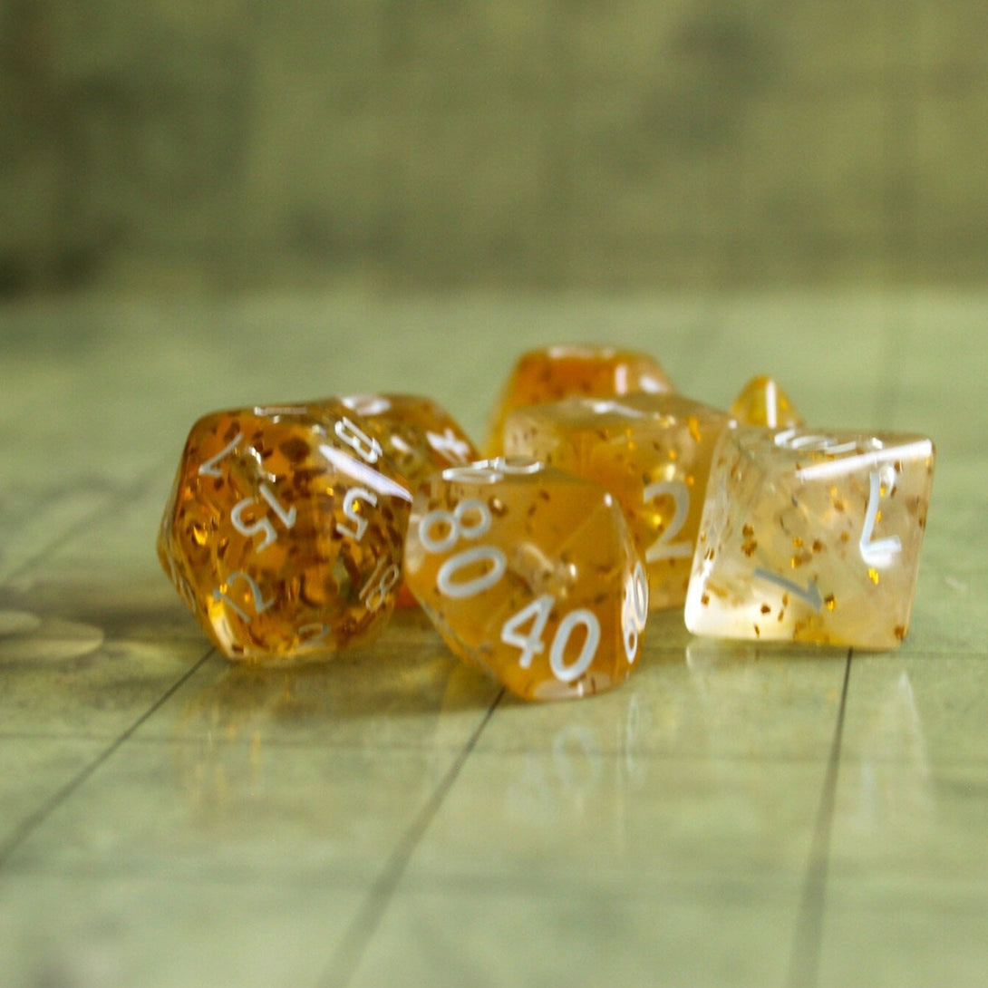 Yellow Glitter DnD Dice Set | Dungeons and Dragons Yellow Glitter See Through Transparent Dice (7) | Polyhedral Dice