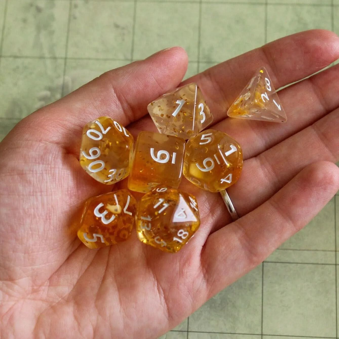 Yellow Glitter TTRPG  Dice Set |    Yellow Glitter See Through Transparent Dice (7) | Polyhedral Dice