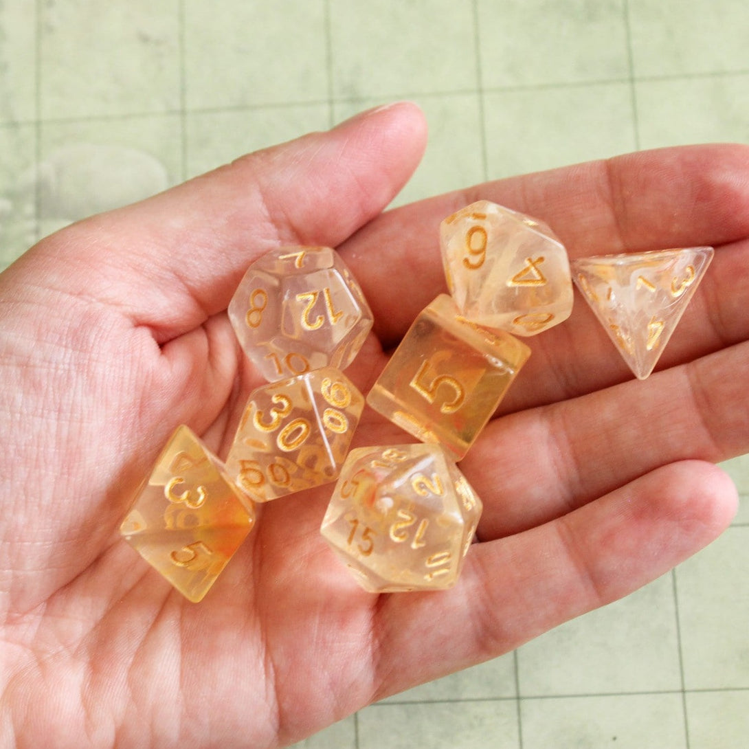 Yellow Nebula DnD Dice Set | Dungeons and Dragons Yellow Dice (7) | Polyhedral Dice | See through dice set | Transparent | Gold Writing