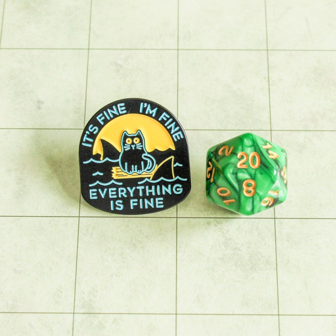 Dungeons and Dragons DnD Gift It's Fine I'm Fine Everything's Fine Sea Cat Badge Enamel Pin Broach | D&D Humorous Pin TTRPG RPG