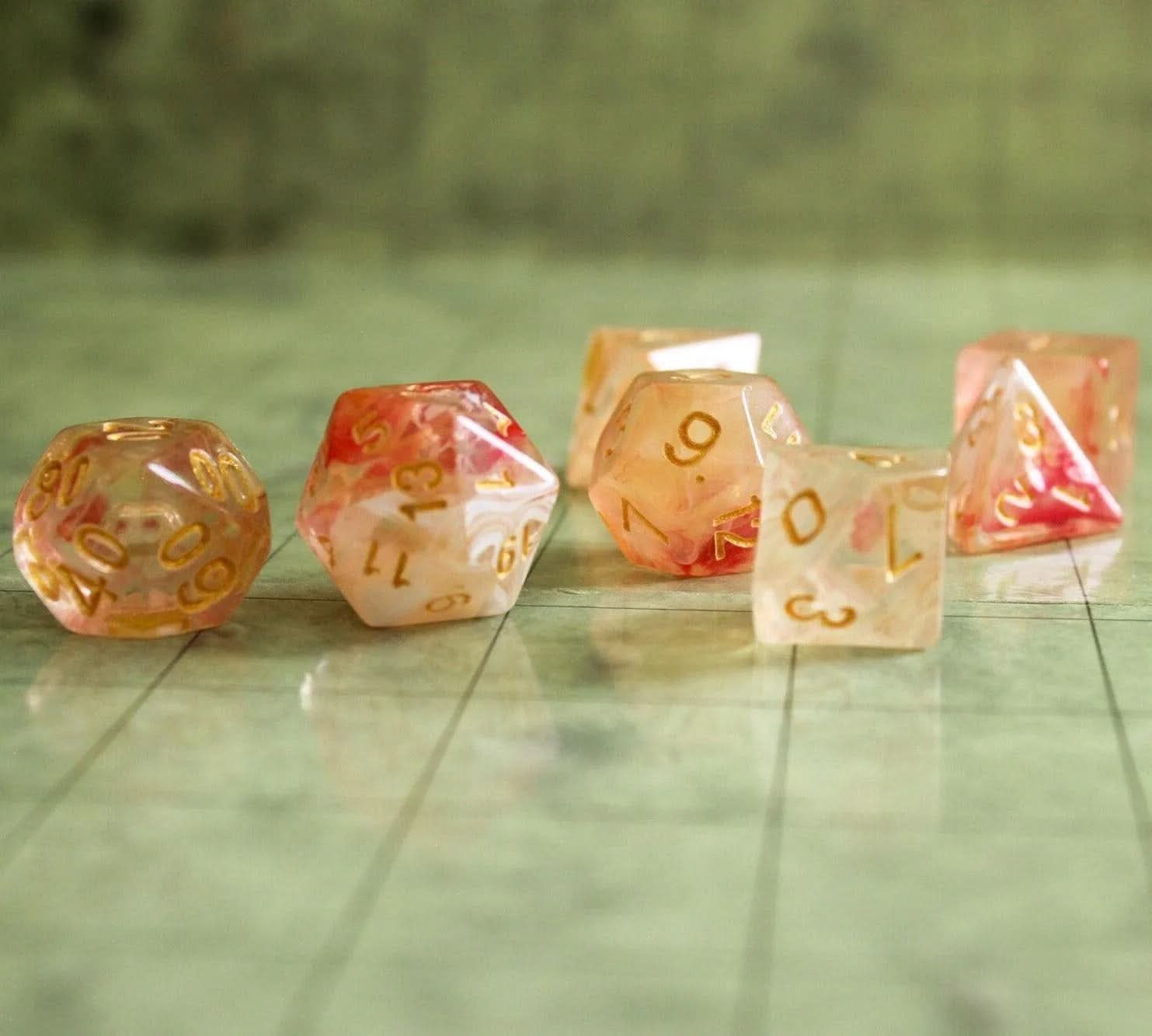 Peach Swirl Dice Set | Red and Pink Dice for TTRPG  |    Dice Gold Writing (7) | Polyhedral White Dice