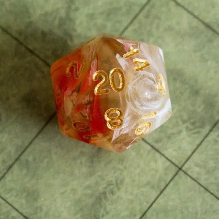 Peach Swirl Dice Set | Red and Pink Dice for TTRPG  |    Dice Gold Writing (7) | Polyhedral White Dice