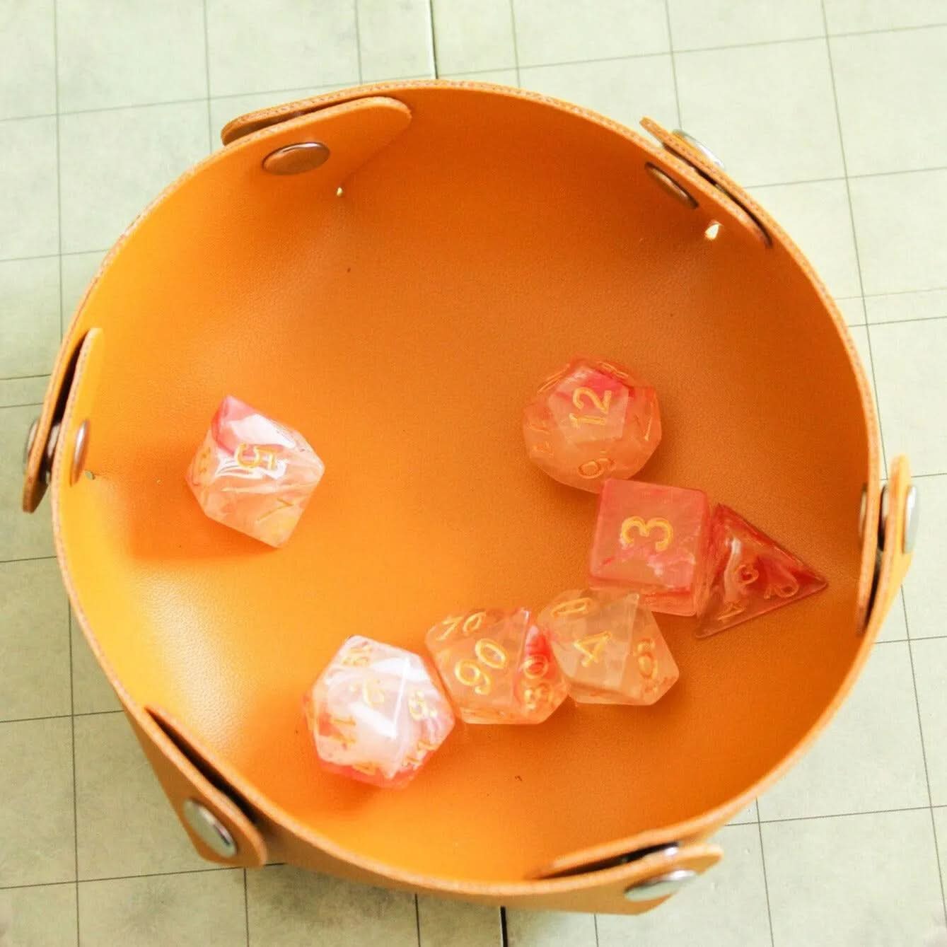 Peach Swirl Dice Set | Red and Pink Dice for TTRPG  |    Dice Gold Writing (7) | Polyhedral White Dice