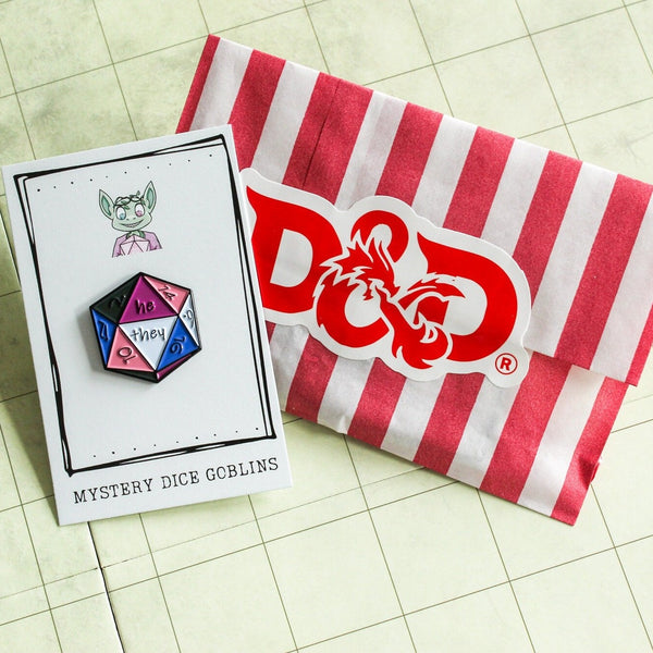 DnD He/They Enamel Pin, D20 Black White Pink Purple dungeons and dragons non-binary he they pronoun badge pride - MysteryDiceGoblins