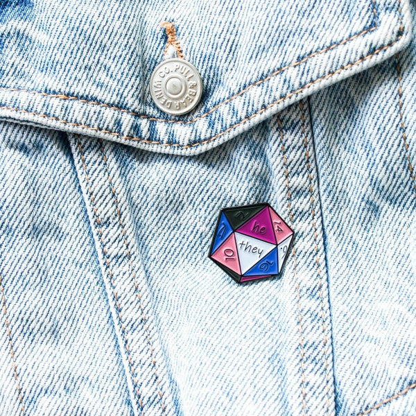 DnD He/They Enamel Pin, D20 Black White Pink Purple dungeons and dragons non-binary he they pronoun badge pride - MysteryDiceGoblins