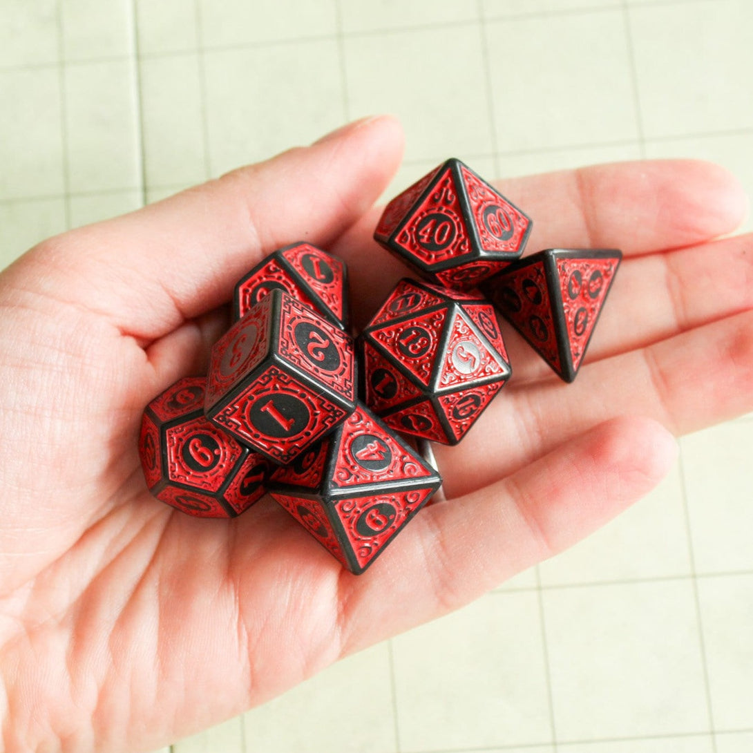 Red Zoltar DnD Dice Set | Dungeons and Dragons Red Zoltar Dice (7) | Polyhedral Dice | DND | Chunky Dice | Old Fahsioned | Black Lined - MysteryDiceGoblins