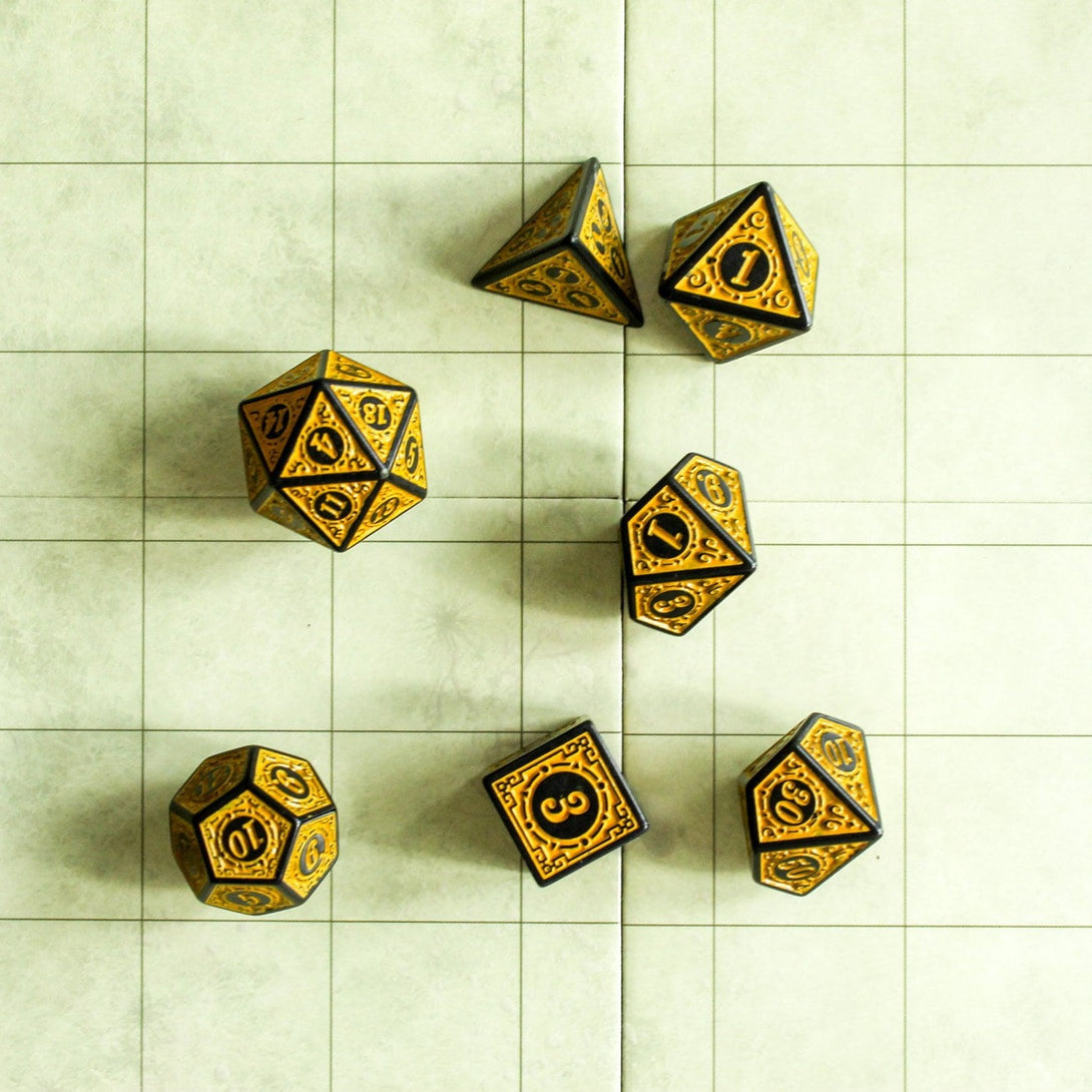 Yellow Zoltar DnD Dice Set | Dungeons and Dragons Yellow Zoltar Dice (7) | Polyhedral Dice | DND | Chunky Dice | Old Fahsioned | Black Lined - MysteryDiceGoblins