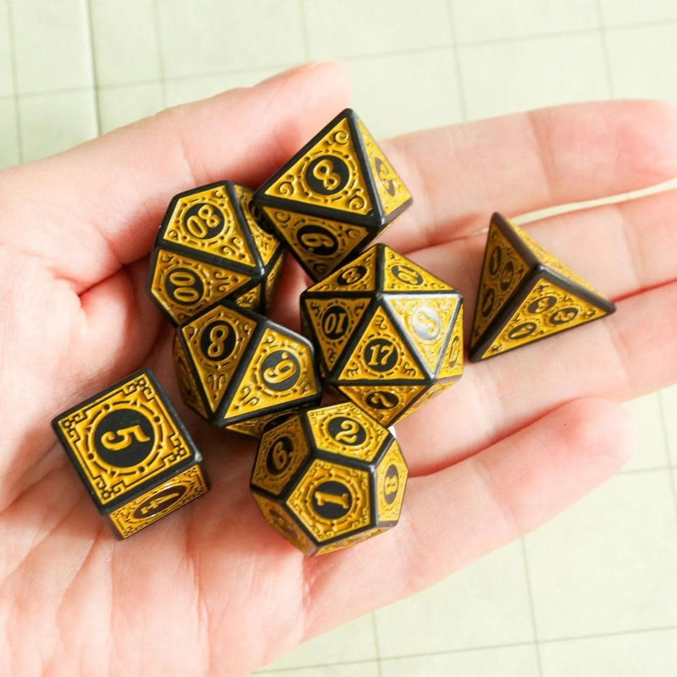 Yellow Zoltar TTRPG  Dice Set |    Yellow Zoltar Dice (7) | Polyhedral Dice | TTRPG  | Chunky Dice | Old Fahsioned | Black Lined - MysteryDiceGoblins