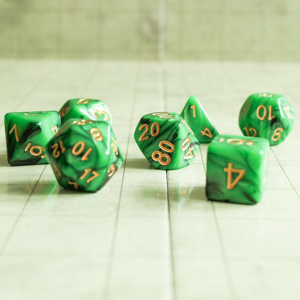 Green Slush DnD Dice Set | With gold writing | Dungeons and Dragons Green Dice (7) | Polyhedral Dice | Two Tone Black and Green - MysteryDiceGoblins