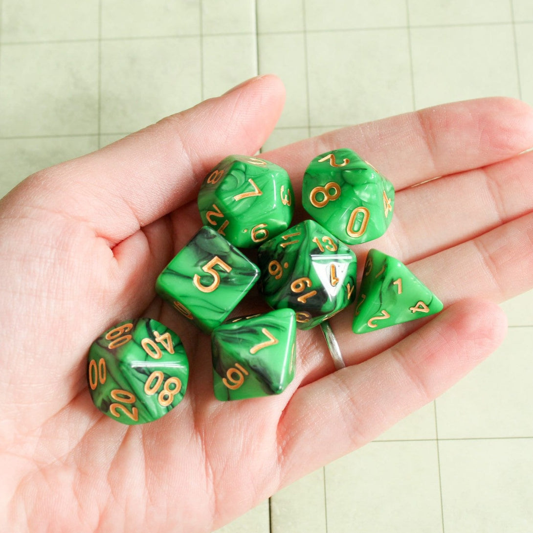 Green Slush DnD Dice Set | With gold writing | Dungeons and Dragons Green Dice (7) | Polyhedral Dice | Two Tone Black and Green - MysteryDiceGoblins