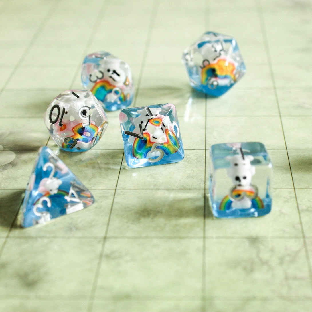Rainbow Bear Clear DnD dice | Dungeons and Dragons Rainbow Clear Dice (7) | Polyhedral Rainbow Dice - MysteryDiceGoblins