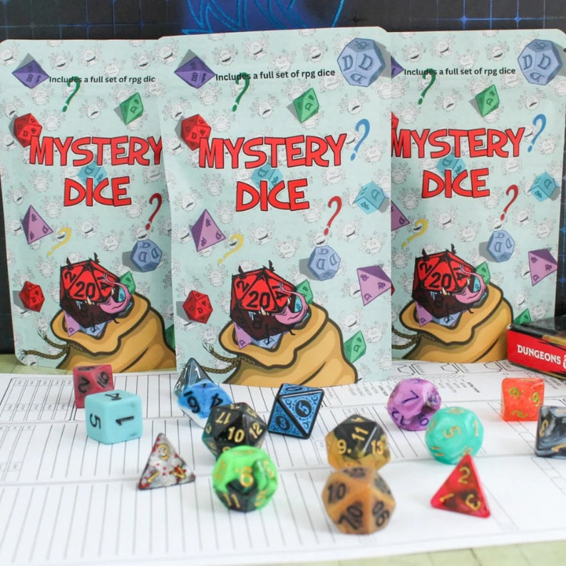 Mystery DnD Dice Blind Bag & Pin | Blind Bag of Dice | 7 Piece Polyhedral Dice Set | Pathfinder, Dungeons and Dragons, Tabletop Games