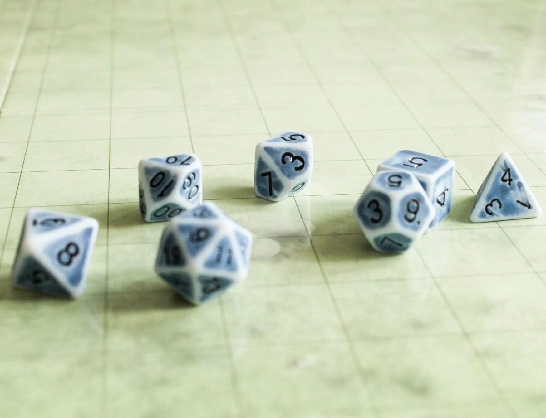 Archaic Blue and White DnD Dice Set | Dungeons and Dragons Blue Dice (7) | Polyhedral Dice Old Dice Faded Look Vintage