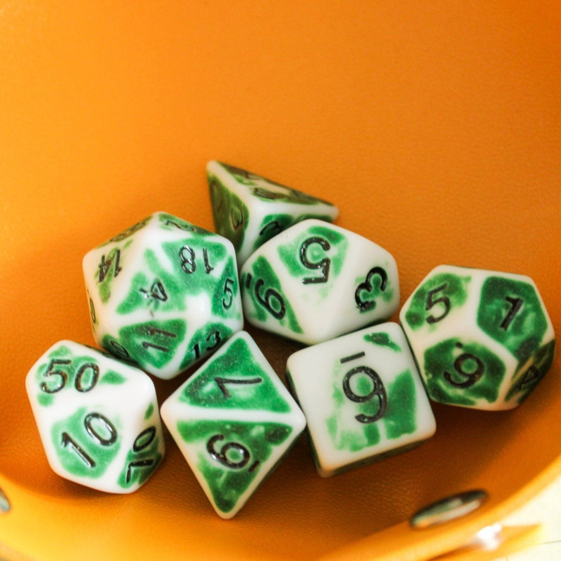 Archaic Green and White DnD Dice Set | Dungeons and Dragons Blue Dice (7) | Polyhedral Dice Faded Dice Vintage worn look