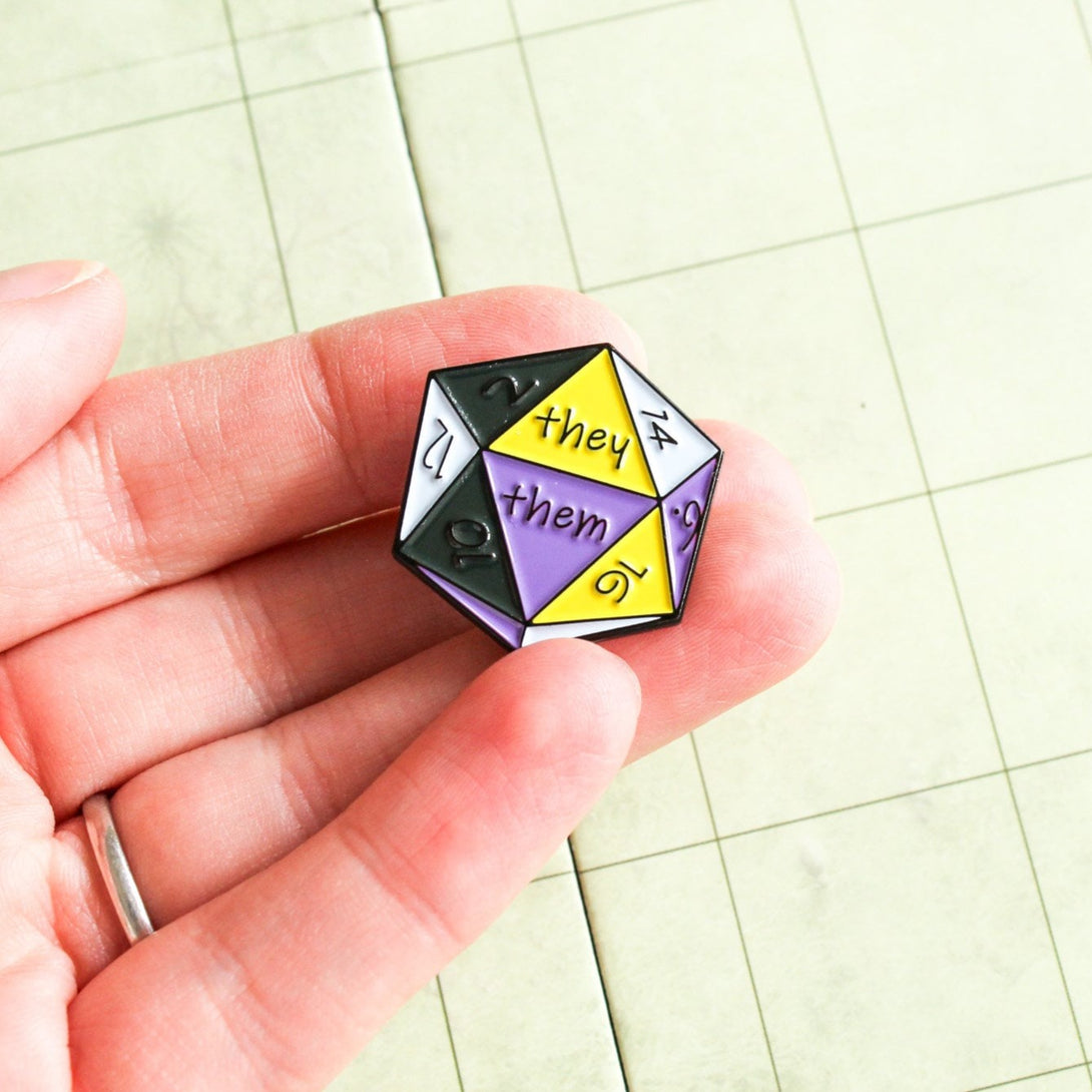 DnD They/Them Enamel Pin, D20 Black White Purple dungeons and dragons non-binary they them pronoun badge pride