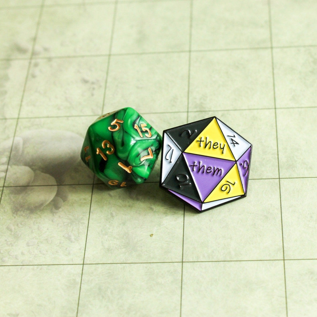 DnD They/Them Enamel Pin, D20 Black White Purple dungeons and dragons non-binary they them pronoun badge pride