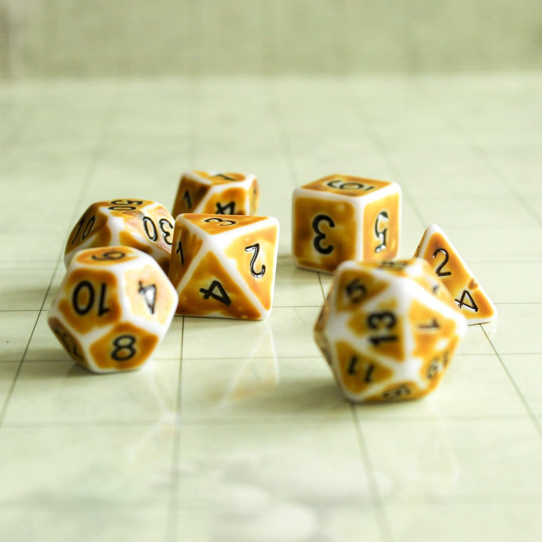 Archaic Yellow DnD Dice Set | Dungeons and Dragons Yellow Dice (7) | Polyhedral Dice Black Writing Faded Yellow White Old Fashioned Vintage - MysteryDiceGoblins
