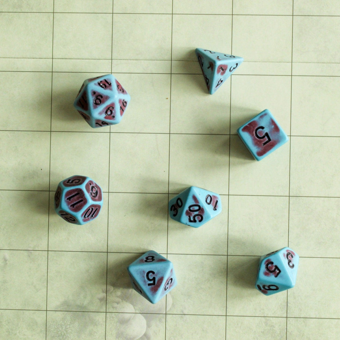 Archaic Blue and Red DnD Dice Set | Dungeons and Dragons Blue and Red Dice (7) | Polyhedral Dice Pastel Blue Faded Dice Vintage - MysteryDiceGoblins