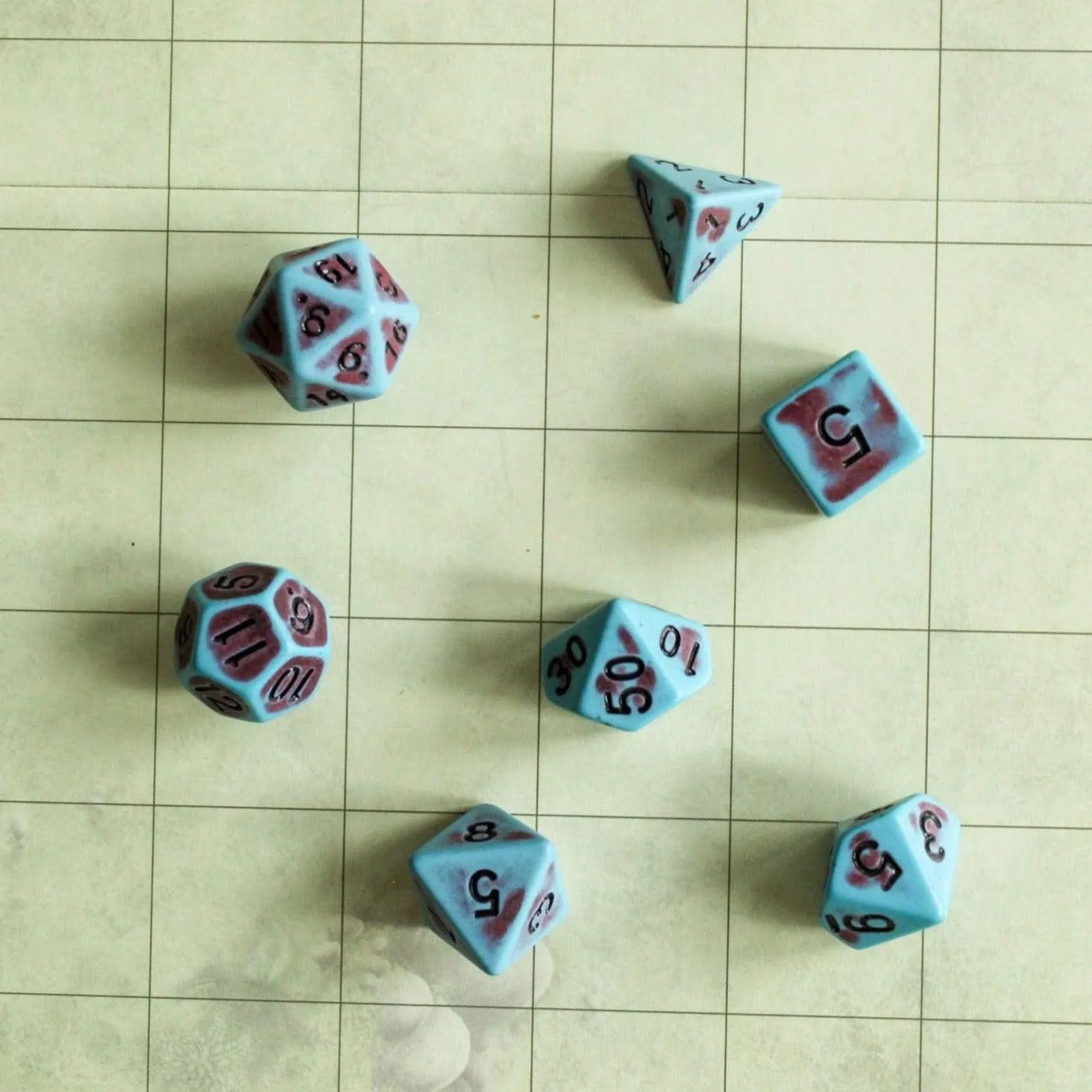 Archaic Blue and Red TTRPG  Dice Set |    Blue and Red Dice (7) | Polyhedral Dice Pastel Blue Faded Dice Vintage - MysteryDiceGoblins