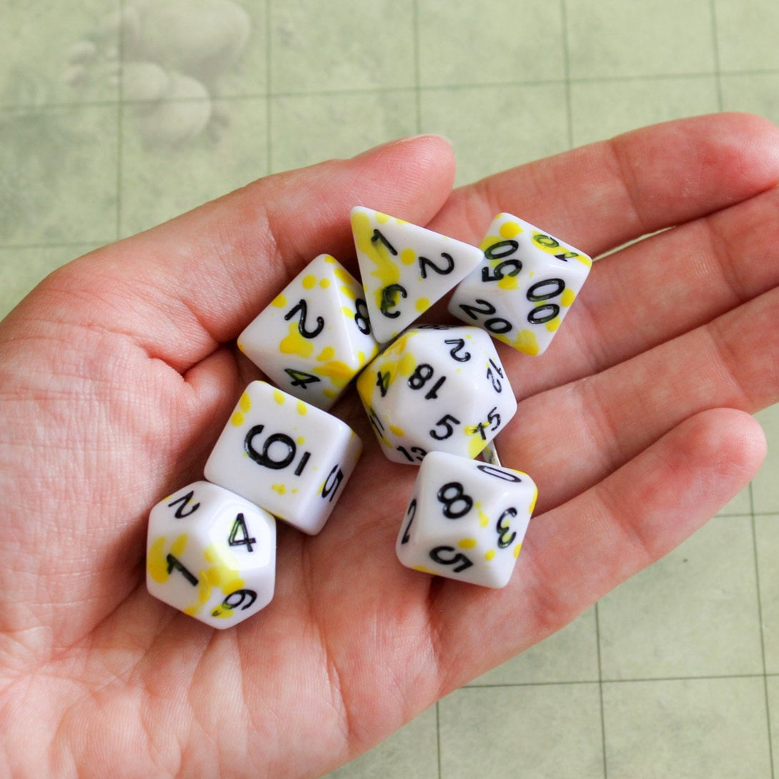 Yellow Splatter Dice | DnD Dice | Yellow splatter DnD Dice | Blood Dice Red Dungeons and Dragons DND Yellow and White Dice Black Writing - MysteryDiceGoblins
