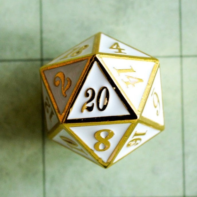 White and Gold Metal Dice Set | Dungeons and Dragons DnD Dice | White metal dice with Gold Writing - MysteryDiceGoblins
