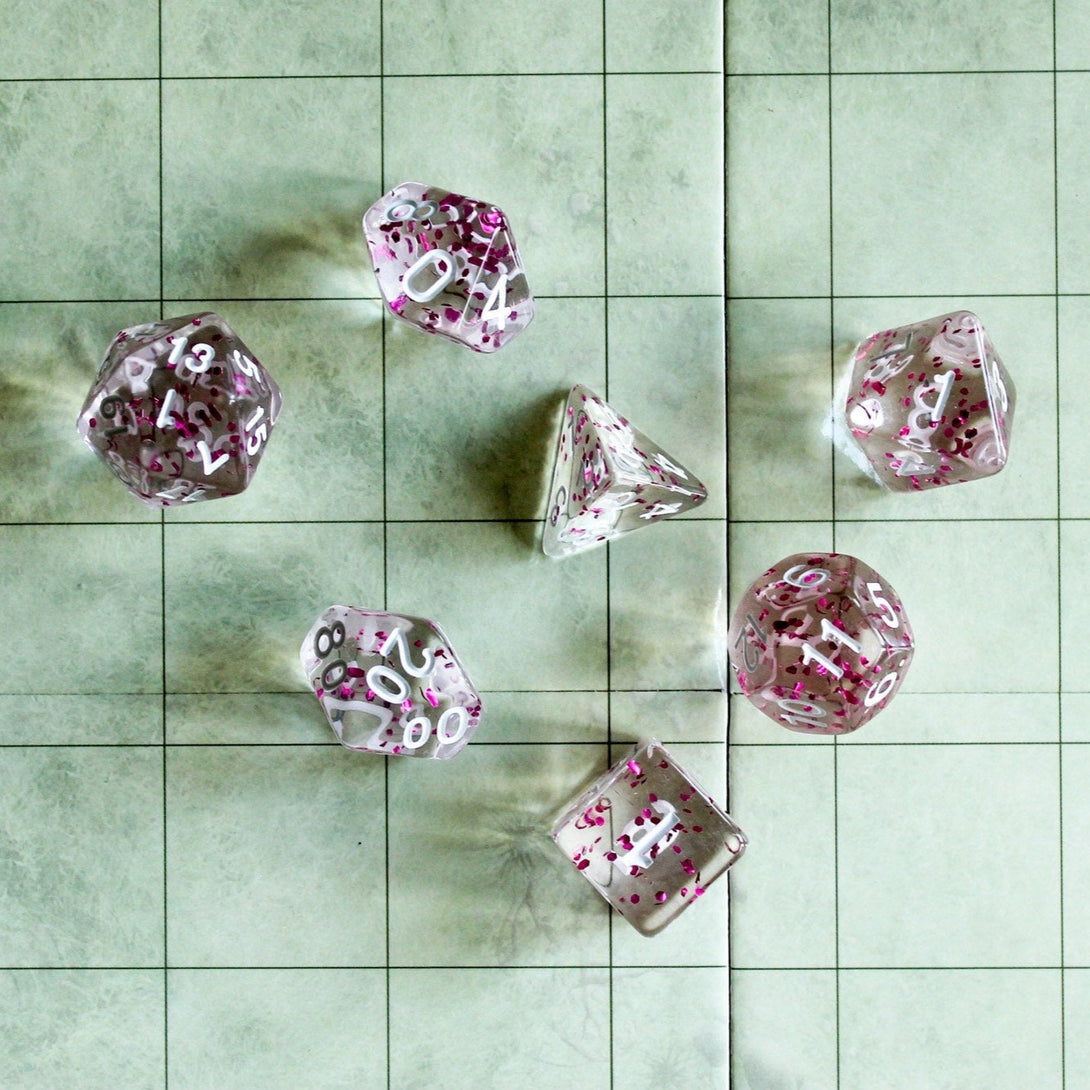 Clear Pink Glitter Dice Set | Transparent Dice for DnD | Dungeons and Dragons See Through Dice (7) | Polyhedral Pink Dice - MysteryDiceGoblins