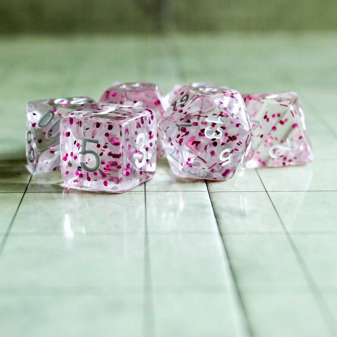 Clear Pink Glitter Dice Set | Transparent Dice for DnD | Dungeons and Dragons See Through Dice (7) | Polyhedral Pink Dice - MysteryDiceGoblins