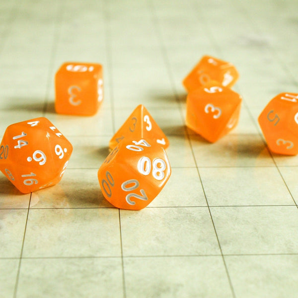 Orange DnD Dice Set | White Writing | Dungeons and Dragons Orange Dice (7) | Polyhedral Dice - MysteryDiceGoblins