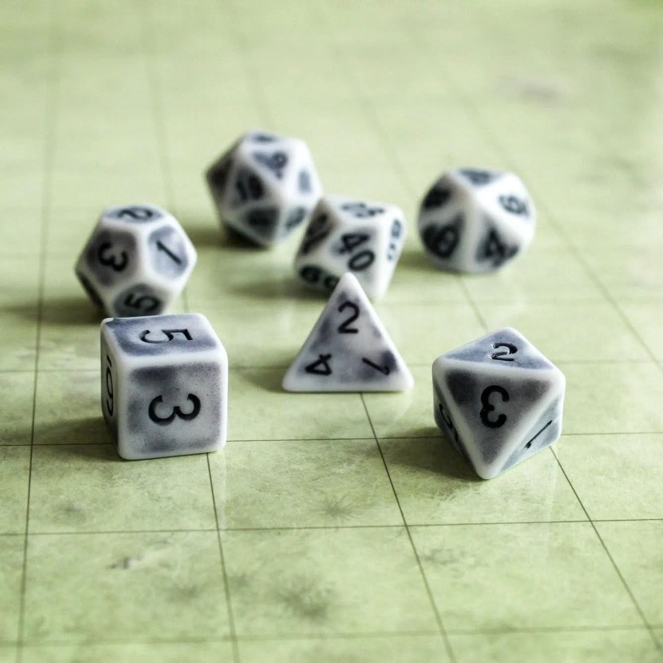 Archaic Gree DnD Dice Set | Dungeons and Dragons Grey Dice (7) | Polyhedral Dice Black and White Old Fashioned Vintage Dice - MysteryDiceGoblins