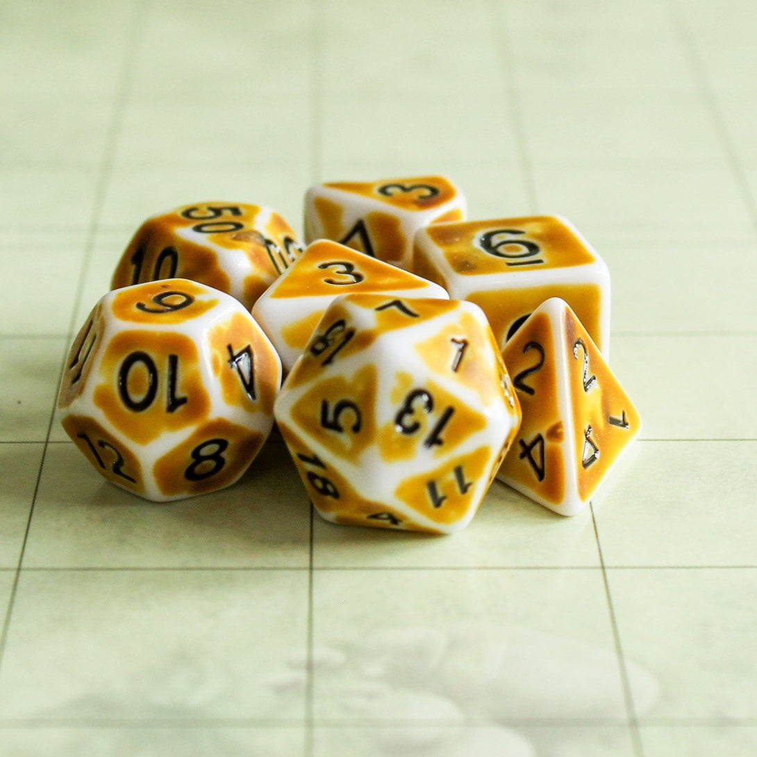 Archaic Yellow DnD Dice Set | Dungeons and Dragons Yellow Dice (7) | Polyhedral Dice Black Writing Faded Yellow White Old Fashioned Vintage - MysteryDiceGoblins
