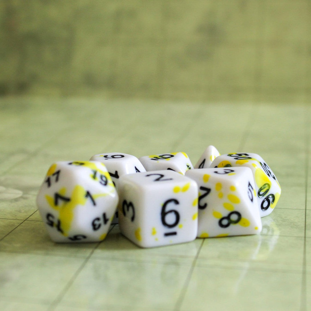 Yellow Splatter Dice | DnD Dice | Yellow splatter DnD Dice | Blood Dice Red Dungeons and Dragons DND Yellow and White Dice Black Writing - MysteryDiceGoblins