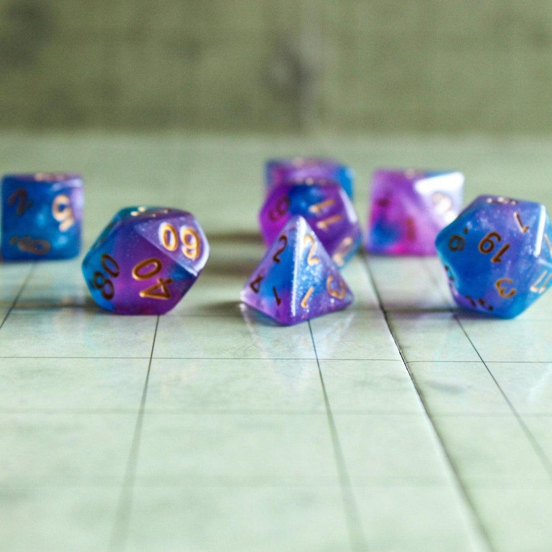 Mermaid Dice Set | for DnD | Dungeons and Dragons (7) | Polyhedral Dice Blue and Pink Misty Glitter Sparkle Dice with Gold Writing - MysteryDiceGoblins