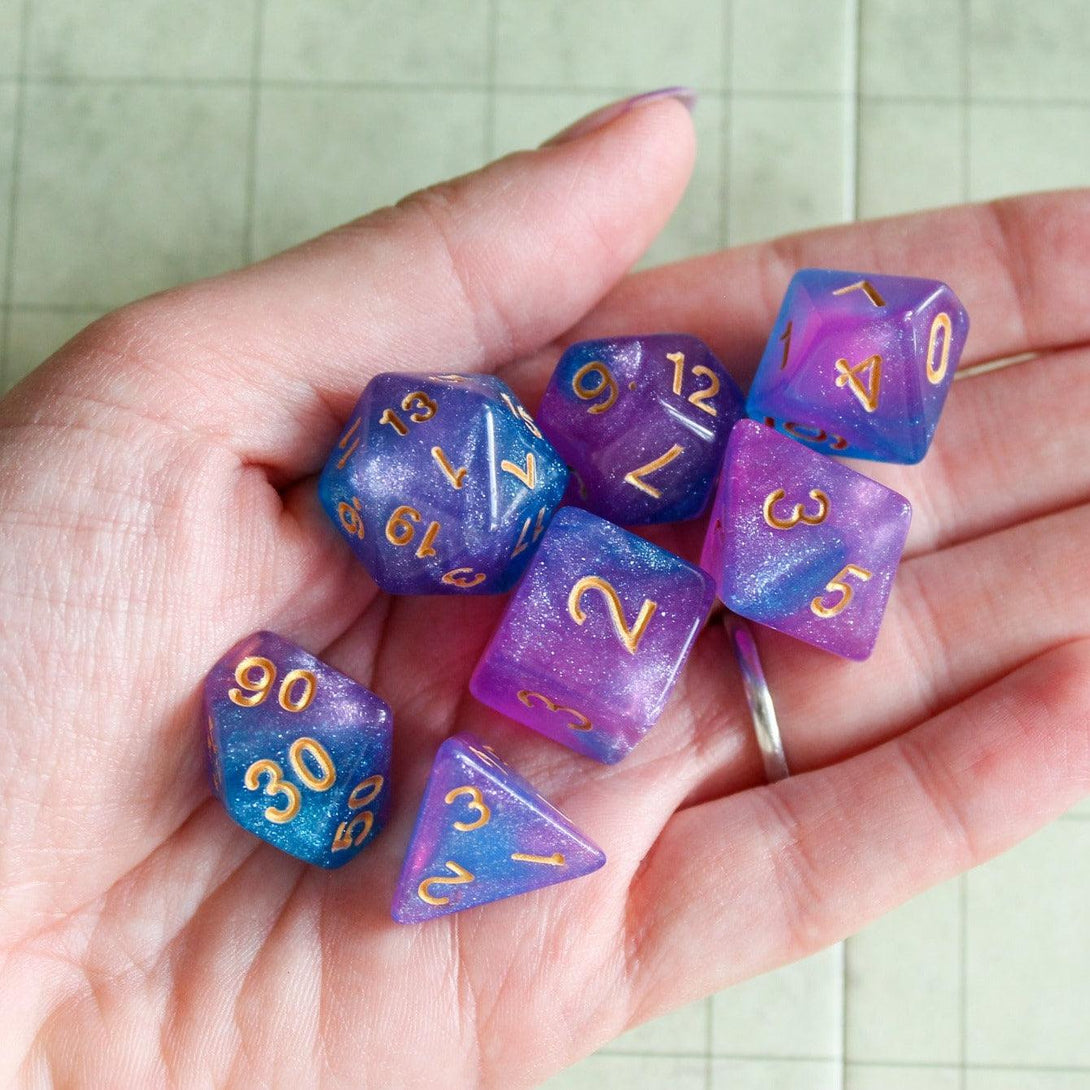 Mermaid Dice Set | for DnD | Dungeons and Dragons (7) | Polyhedral Dice Blue and Pink Misty Glitter Sparkle Dice with Gold Writing - MysteryDiceGoblins