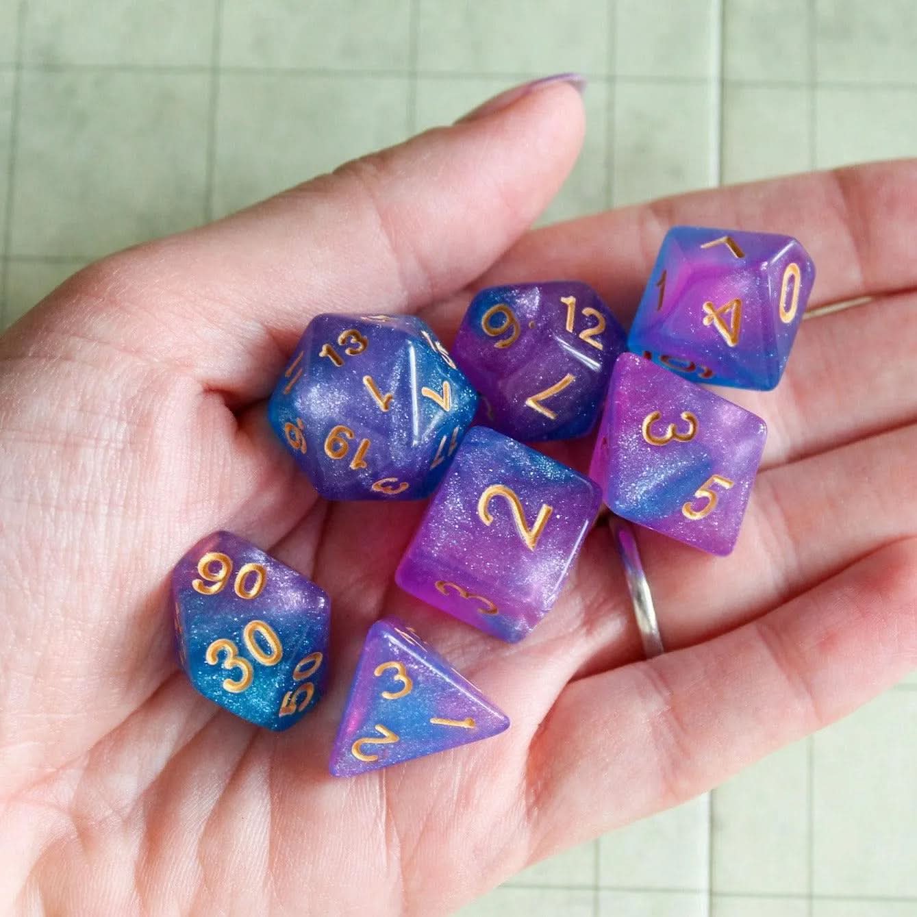 Mermaid Dice Set | for TTRPG  |    (7) | Polyhedral Dice Blue and Pink Misty Glitter Sparkle Dice with Gold Writing - MysteryDiceGoblins