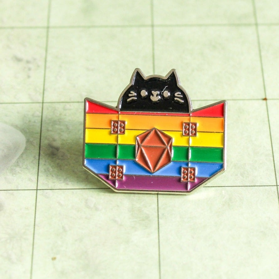 Dungeons and Dragons DnD Gift Rainbow Pride Dungeon Meowster Cat Badge Enamel Pin Broach LGBTQ - MysteryDiceGoblins