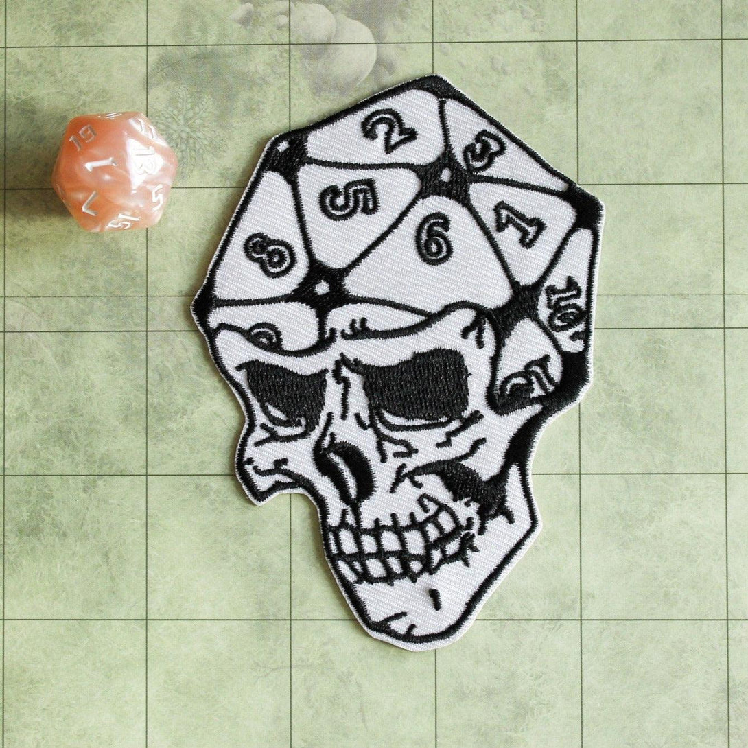 Dungeons & Dragons D20 Dice Skull Embroidered Patch - DnD | Black and White | Large Patch | Cool and Edgy | DND Patch Collector - MysteryDiceGoblins