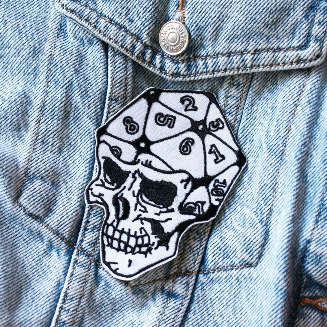 Dungeons & Dragons D20 Dice Skull Embroidered Patch - DnD | Black and White | Large Patch | Cool and Edgy | DND Patch Collector - MysteryDiceGoblins