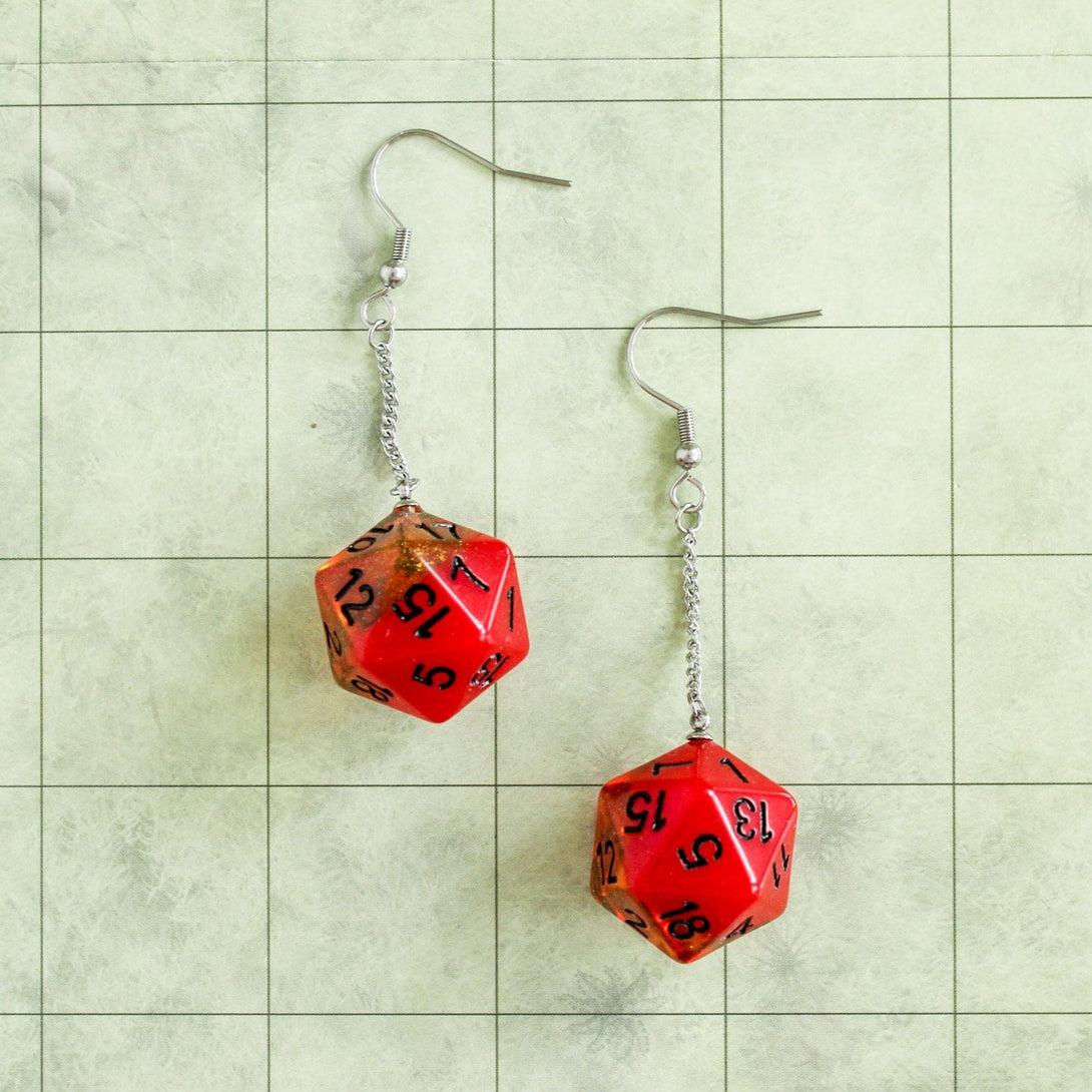 Orange and Red D&D D20 Dice Earrings - Full Size D20 - RPG Fantasy Gift DND | Sparkle Glitter Earrings with Black Writing - MysteryDiceGoblins