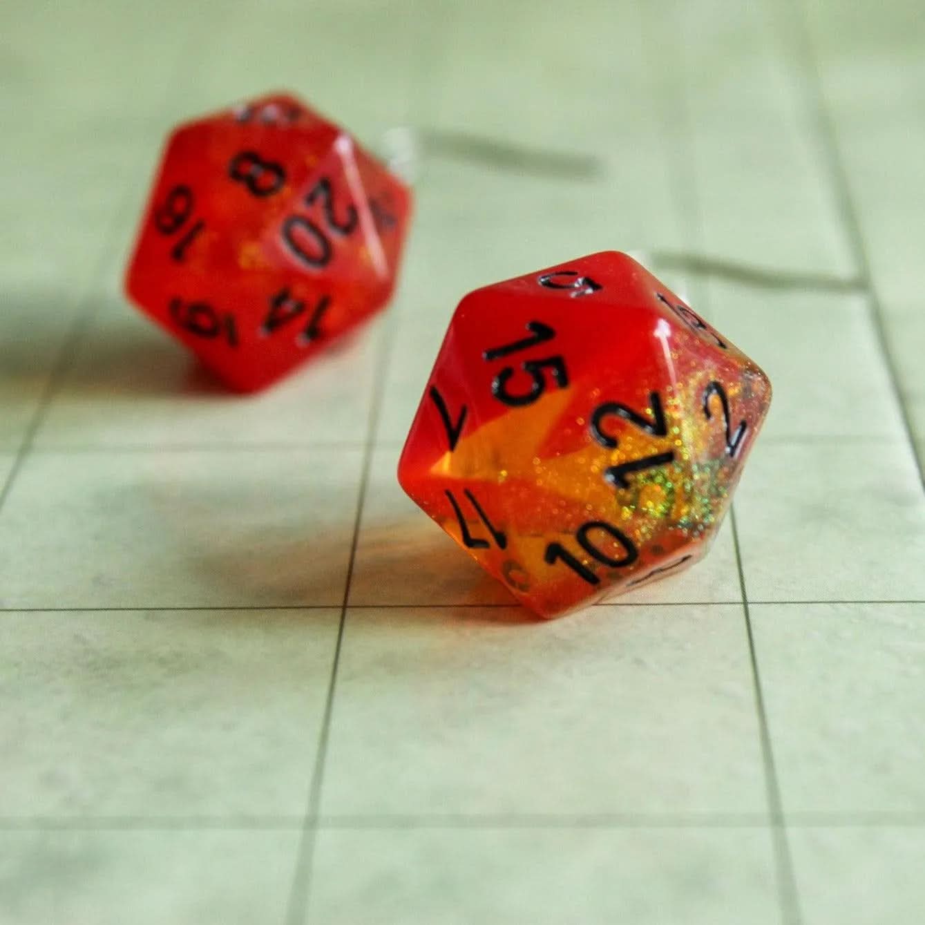 Orange and Red D&D D20 Dice Earrings - Full Size D20 - RPG Fantasy Gift DND | Sparkle Glitter Earrings with Black Writing - MysteryDiceGoblins