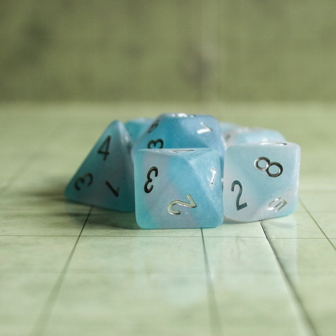 Trans Flag Dice, celebrate diversity and roll with style with these stunning multicoloured transgender polyhedral dice - MysteryDiceGoblins