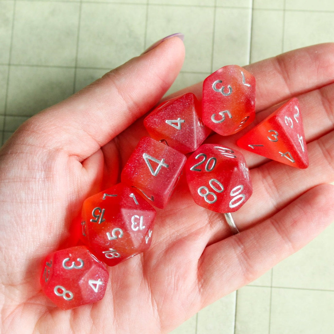 Lesbian Flag Dice, celebrate diversity and roll with style with these stunning multicoloured Lesbian polyhedral dice Orange and Red - MysteryDiceGoblins
