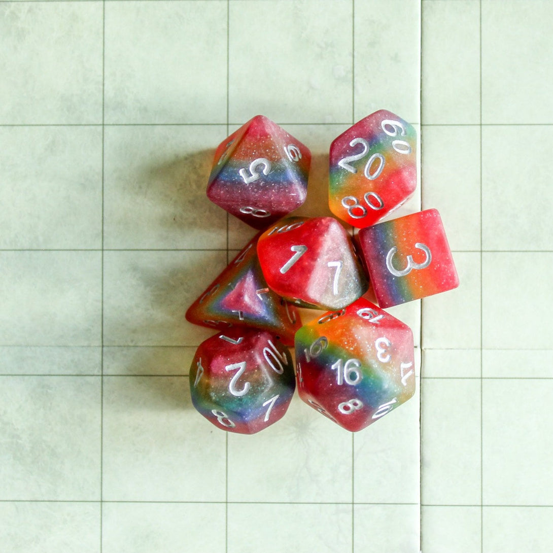Pride Flag Dice, celebrate diversity and roll with style with these stunning multicoloured Pride LGBTQ+ polyhedral dice - MysteryDiceGoblins