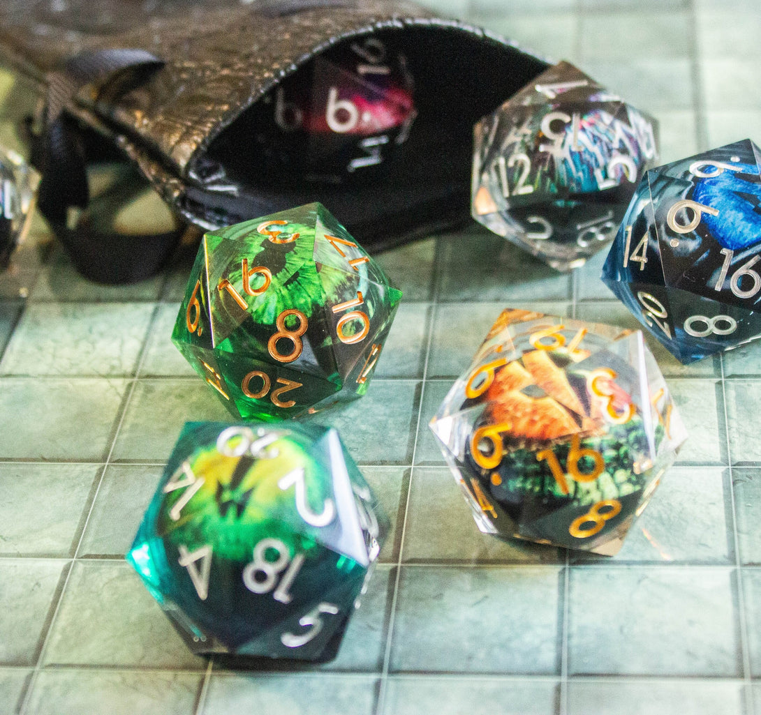 Liquid Core Eye of the Dragon - Moving Eye Giant Chunky D20 - Mystery Bag D20 - PU Leather Dice Bag Included - Dnd Gift - MysteryDiceGoblins